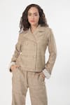 Buy_House of THL_Beige Cotton Hessain Embroidery Pearls Diana Double-breasted Jacket And Pant Set _Online_at_Aza_Fashions