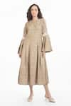 Buy_House of THL_Beige Cotton Hessain Embroidery Cleopatra Embellished Sleeve Dress  _at_Aza_Fashions