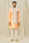 Aryavir Malhotra_Peach Art Silk Printed Floral Panel Sherwani Set _Online_at_Aza_Fashions