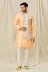 Buy_Aryavir Malhotra_Peach Art Silk Printed Floral Panel Sherwani Set _Online_at_Aza_Fashions