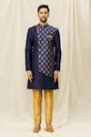 Aryavir Malhotra_Blue Art Silk Printed Floral Overlapped Sherwani Set _Online_at_Aza_Fashions