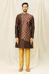 Aryavir Malhotra_Brown Art Silk Printed Floral Sherwani Set With Panel _Online_at_Aza_Fashions