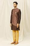 Buy_Aryavir Malhotra_Brown Art Silk Printed Floral Sherwani Set With Panel _Online_at_Aza_Fashions