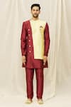 Aryavir Malhotra_Maroon Art Silk Printed Geometric Overlapped Panelled Sherwani Set _Online_at_Aza_Fashions