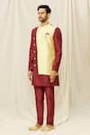 Buy_Aryavir Malhotra_Maroon Art Silk Printed Geometric Overlapped Panelled Sherwani Set _Online_at_Aza_Fashions