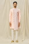 Aryavir Malhotra_Pink Art Silk Printed Floral Panel Sherwani Pant Set _Online_at_Aza_Fashions