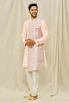 Aryavir Malhotra_Pink Art Silk Printed Floral Panel Sherwani Pant Set _at_Aza_Fashions