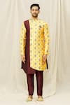 Aryavir Malhotra_Maroon Art Silk Printed Floral Asymmetrical Panel Sherwani Set _Online_at_Aza_Fashions