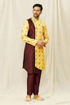 Buy_Aryavir Malhotra_Maroon Art Silk Printed Floral Asymmetrical Panel Sherwani Set _Online_at_Aza_Fashions