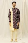 Aryavir Malhotra_Beige Art Silk Printed Floral Placement Sherwani Set _Online_at_Aza_Fashions