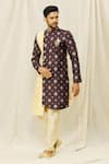 Buy_Aryavir Malhotra_Beige Art Silk Printed Floral Placement Sherwani Set _Online_at_Aza_Fashions