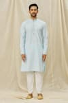 Aryavir Malhotra_Blue Art Silk Printed Geometric Pintucked Mandarin Collar Kurta Set _Online_at_Aza_Fashions