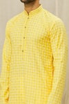 Buy_Aryavir Malhotra_Yellow Art Silk Printed Geometric Mandarin Collar Kurta Pant Set _Online_at_Aza_Fashions