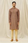 Aryavir Malhotra_Brown Kurta  Handloom Cotton Printed Digital Set _Online_at_Aza_Fashions