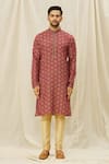 Aryavir Malhotra_Maroon Kurta  Handloom Cotton Printed Digital Straight Set _Online_at_Aza_Fashions