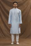 The Men's Kompany_Blue Chanderi Silk Embroidered Thread Kurta  _Online_at_Aza_Fashions