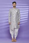 Aryavir Malhotra_Grey Banarasi Jacquard Woven Floral Asymmetrical Sherwani Set_Online_at_Aza_Fashions