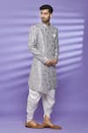 Buy_Aryavir Malhotra_Grey Banarasi Jacquard Woven Floral Asymmetrical Sherwani Set_Online_at_Aza_Fashions