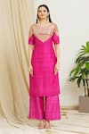 Surendri_Pink Raw Silk Embellished Sequins V Neck Kurta Palazzo Set _at_Aza_Fashions