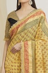 Shop_Surendri_Yellow Kotadoria Printed Floral V Neck Saree With Blouse _Online_at_Aza_Fashions