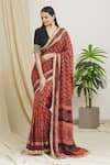 Surendri_Red Kotadoria Printed Floral V Neck Saree With Embroidered Blouse _Online_at_Aza_Fashions