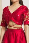 Shop_Surendri_Red Raw Silk Embellished Floral V Neck Sequin And Flower Blouse And Lehenga Set _Online_at_Aza_Fashions