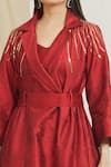 Surendri_Red Raw Silk Embellished Sequins Lapel Collar Long Jacket Pant Set _Online_at_Aza_Fashions