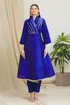 Surendri_Blue Raw Silk Embroidered Hand Jacket V Neck Kimono And Pant Set _Online_at_Aza_Fashions