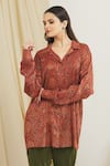 Surendri_Red Chanderi Printed Floral Shirt Collar _Online_at_Aza_Fashions