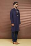 Buy_Linen Bloom_Blue 100% Linen Embroidered Thread Work Patola Pattern Placket Kurta _Online_at_Aza_Fashions