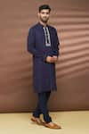 Shop_Linen Bloom_Blue 100% Linen Embroidered Thread Work Patola Pattern Placket Kurta _Online_at_Aza_Fashions