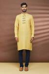 Linen Bloom_Yellow 100% Linen Embroidered Thread Work Stripe Pattern Kurta _Online_at_Aza_Fashions