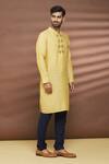 Shop_Linen Bloom_Yellow 100% Linen Embroidered Thread Work Stripe Pattern Kurta _Online_at_Aza_Fashions