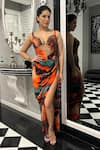 Buy_Khushbu Rathod Label_Orange Crepe Silk Abstract Plunge Neck Pattern Corset Dress 