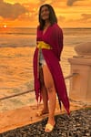 Buy_Neora By Nehal Chopra_Wine Bemberg Modal Silk Solid Plunge V Asymmetrical Color Blocked Cape  