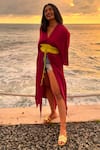 Shop_Neora By Nehal Chopra_Wine Bemberg Modal Silk Solid Plunge V Asymmetrical Color Blocked Cape  