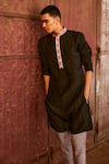 Shop_SVA by Sonam & Paras Modi_Black Linen Printed Geometric Placket Embroidered Kurta Set  _at_Aza_Fashions