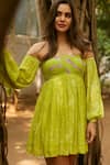 Buy_Ankita Dharman_Green 100% Viscose Natural Crepe Printed Flower Spring Off Shoulder Dress _Online_at_Aza_Fashions