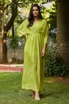 Buy_Ankita Dharman_Green 100% Viscose Natural Crepe Printed Floral V Neck Spring Pleated Kaftan _at_Aza_Fashions