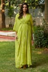 Ankita Dharman_Green 100% Viscose Natural Crepe Printed Floral V Neck Spring Pleated Kaftan _Online_at_Aza_Fashions