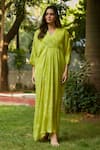 Buy_Ankita Dharman_Green 100% Viscose Natural Crepe Printed Floral V Neck Spring Pleated Kaftan _Online_at_Aza_Fashions