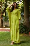 Shop_Ankita Dharman_Green 100% Viscose Natural Crepe Printed Floral V Neck Spring Pleated Kaftan _Online_at_Aza_Fashions