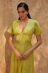 Shop_Ankita Dharman_Green 100% Viscose Georgette Printed Botanical Plunge V Neck Spring Dress _Online_at_Aza_Fashions