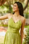 Ankita Dharman_Green 100% Viscose Natural Crepe Printed Botanical V Neck Spring Strappy Dress _at_Aza_Fashions