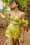 Ankita Dharman_Yellow Viscose Organza Printed Floral Cold Shoulder Sleeve Tuscany Flower Top _Online_at_Aza_Fashions