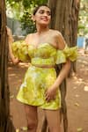 Buy_Ankita Dharman_Yellow Viscose Organza Printed Floral Cold Shoulder Sleeve Tuscany Flower Top _Online_at_Aza_Fashions