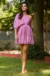 Shop_Ankita Dharman_Pink 100% Viscose Natural Crepe Printed Floral Ash Rose One Shoulder Dress _Online_at_Aza_Fashions