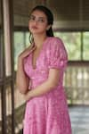 Shop_Ankita Dharman_Pink 100% Viscose Natural Crepe Printed Geometric V Neck Ash Rose Dress _Online_at_Aza_Fashions