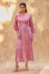 Buy_Ankita Dharman_Pink 100% Viscose Natural Crepe Printed Geometric V Neck Ash Rose Dress _at_Aza_Fashions