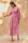 Buy_Ankita Dharman_Pink 100% Viscose Natural Crepe Printed Geometric V Neck Ash Rose Dress _Online_at_Aza_Fashions